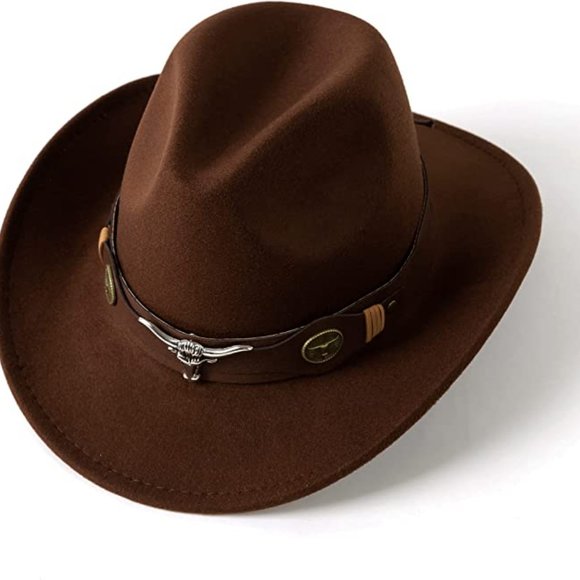 Brown Western Cowboy, Cowgirl Hat, Bull Horns Strap, Men Women Retro Wide Brim - Picture 5 of 10